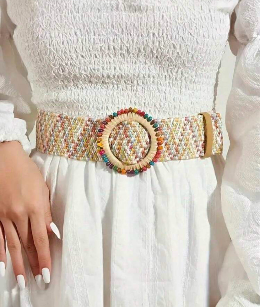Multicoloured Round Buckle Elasticated Belt