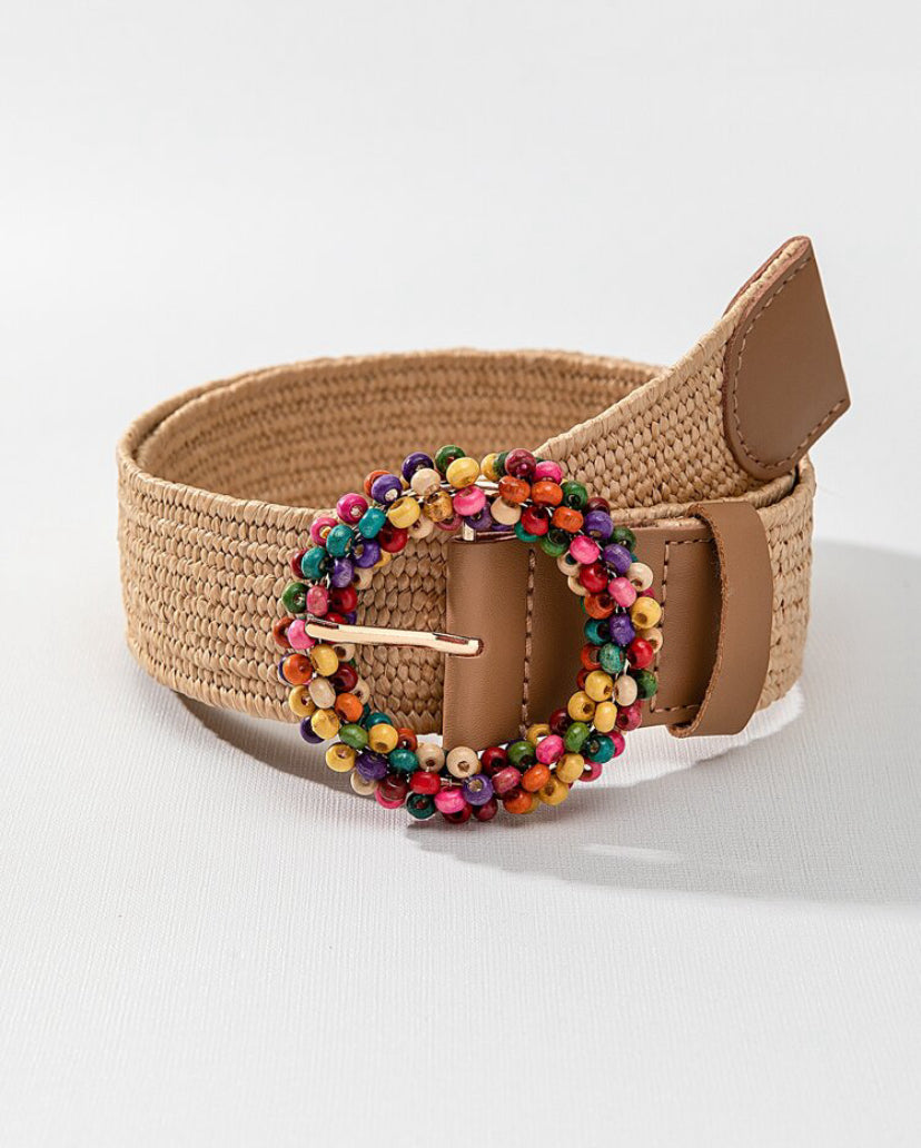 Natural Bead Buckle Elasticated Belt
