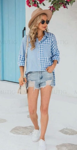 Amy Blue Check Contrast Shirt