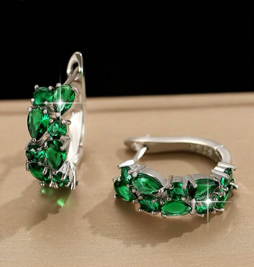 Emerald Silver Bling Hoop Earrings