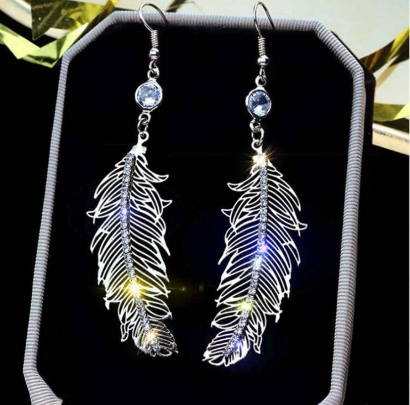 Silver Feather Crystal Earrings