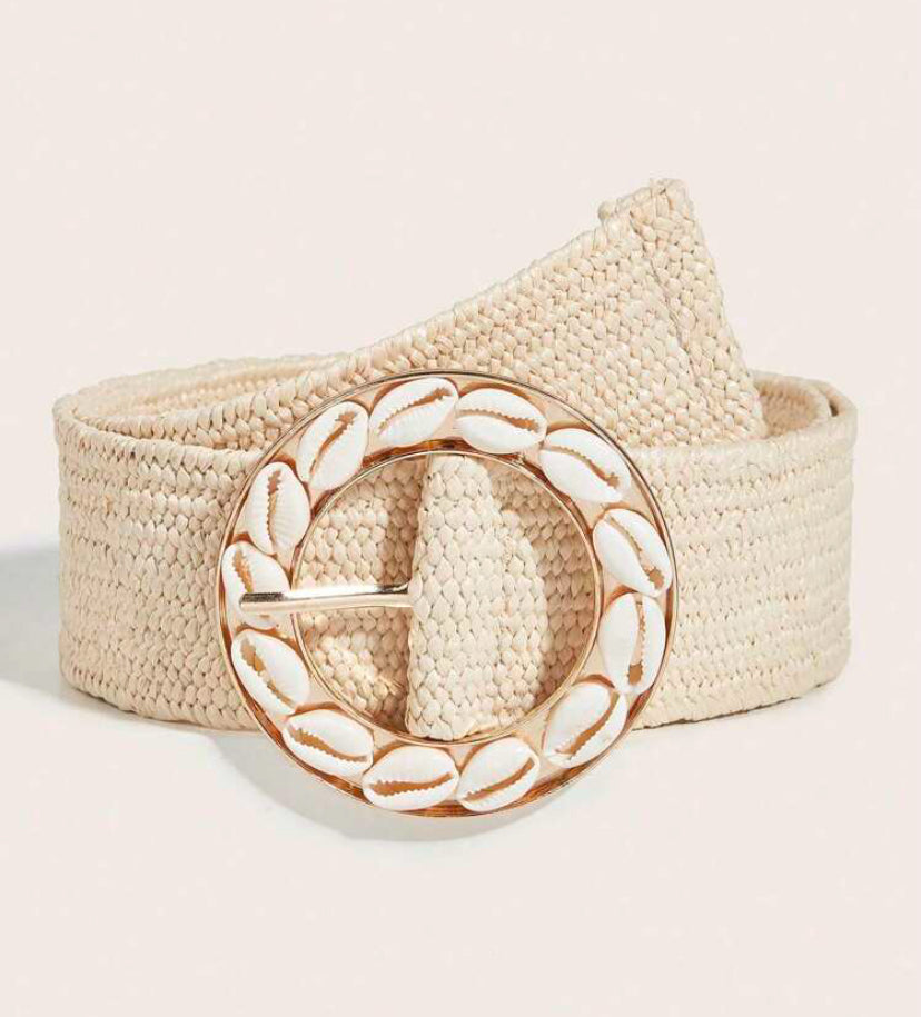 White Round Shell Wooden Elasticated Belt