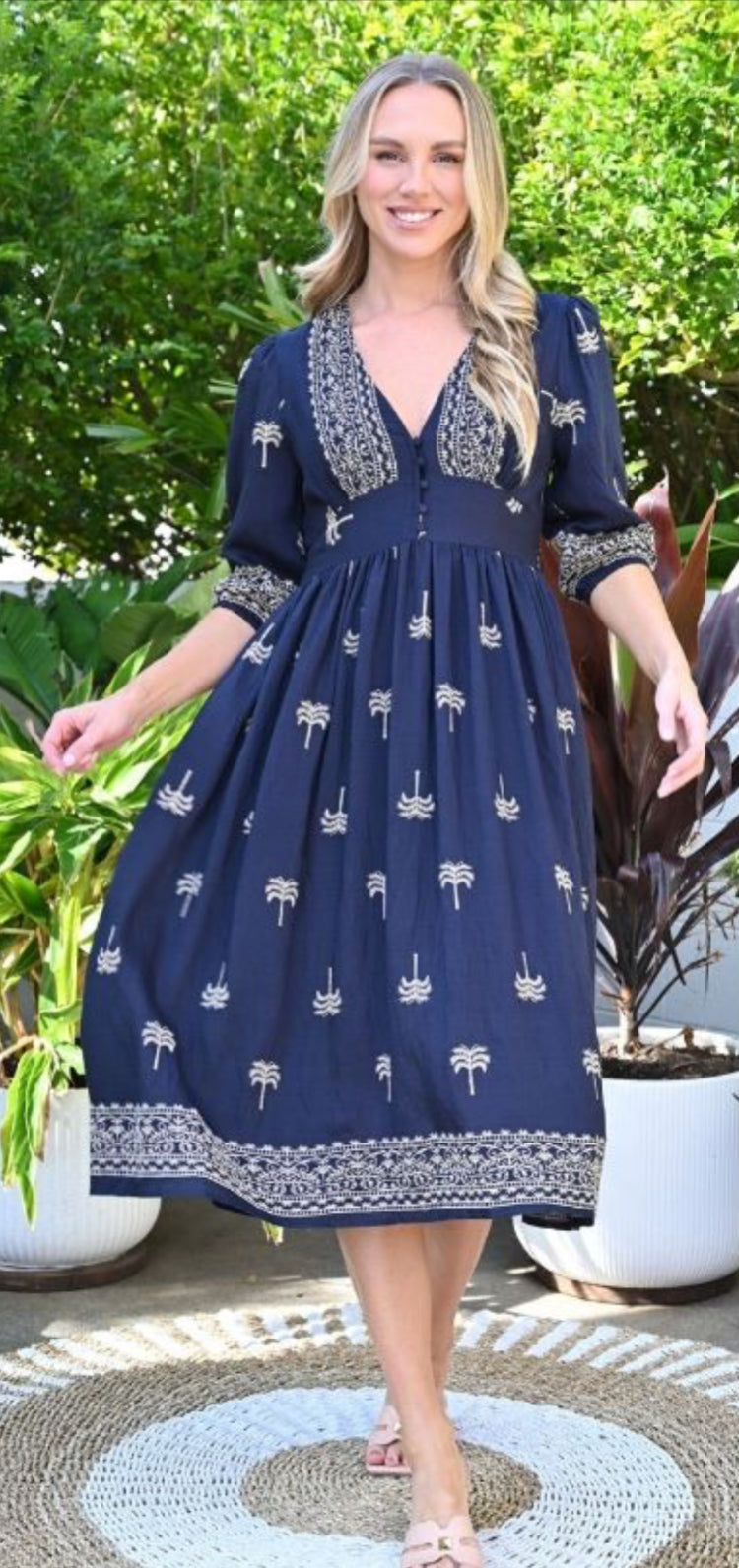 Claire Navy Palm Midi Dress