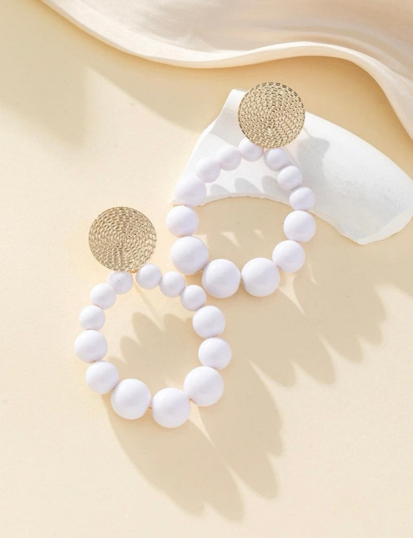 Gold White Beaded Earrings