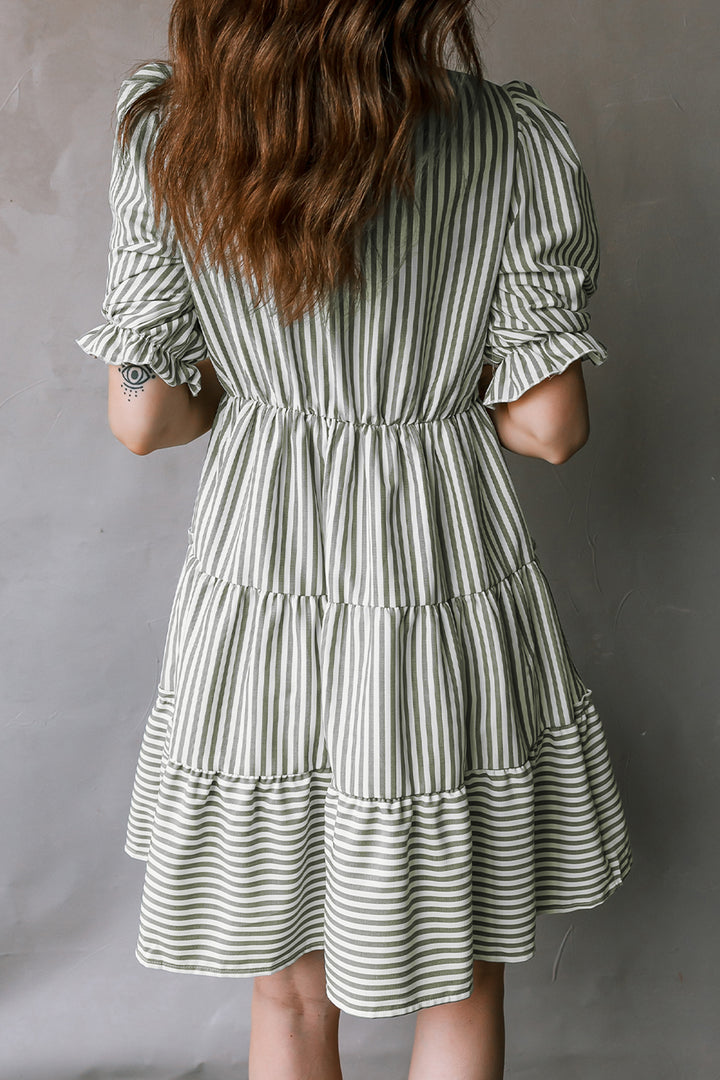 Green Stripe Tasseled Tie Neck Ruffled Short Sleeve Tiered Flattering Dress - Lulubelles Clothing and Accessories