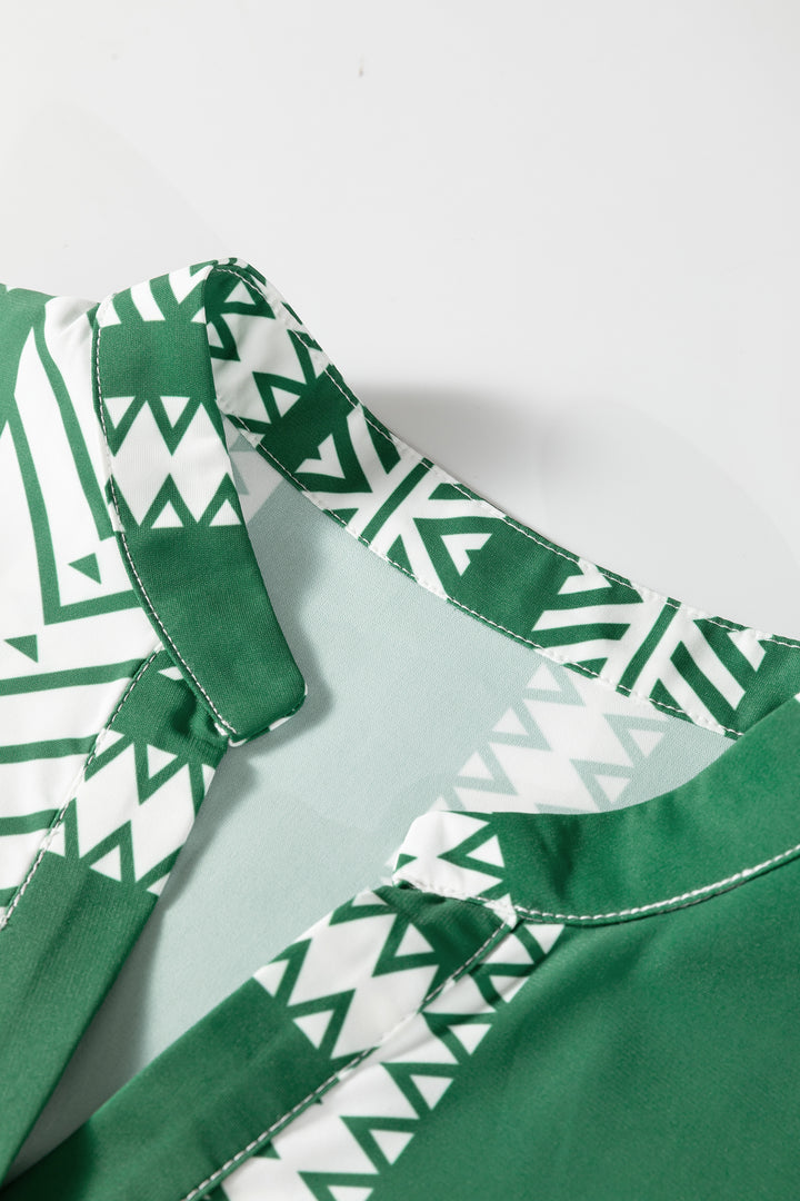Green Boho Ethnic Print Half Button 3/4 Sleeve Casual Dress - Lulubelles Clothing and Accessories