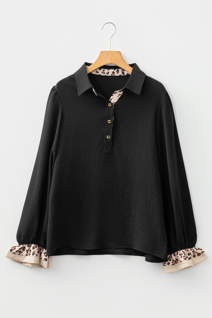 Black Contrast Leopard Print Patchwork Polo Collar Buttons Front Ruffled Long Sleeve Blouse - Lulubelles Clothing and Accessories