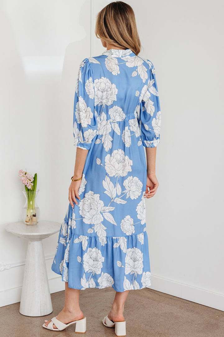Sky Blue Floral Print Shirt Collar Button Down 3/4 Sleeve Ruffle Hem Long Dress - Lulubelles Clothing and Accessories