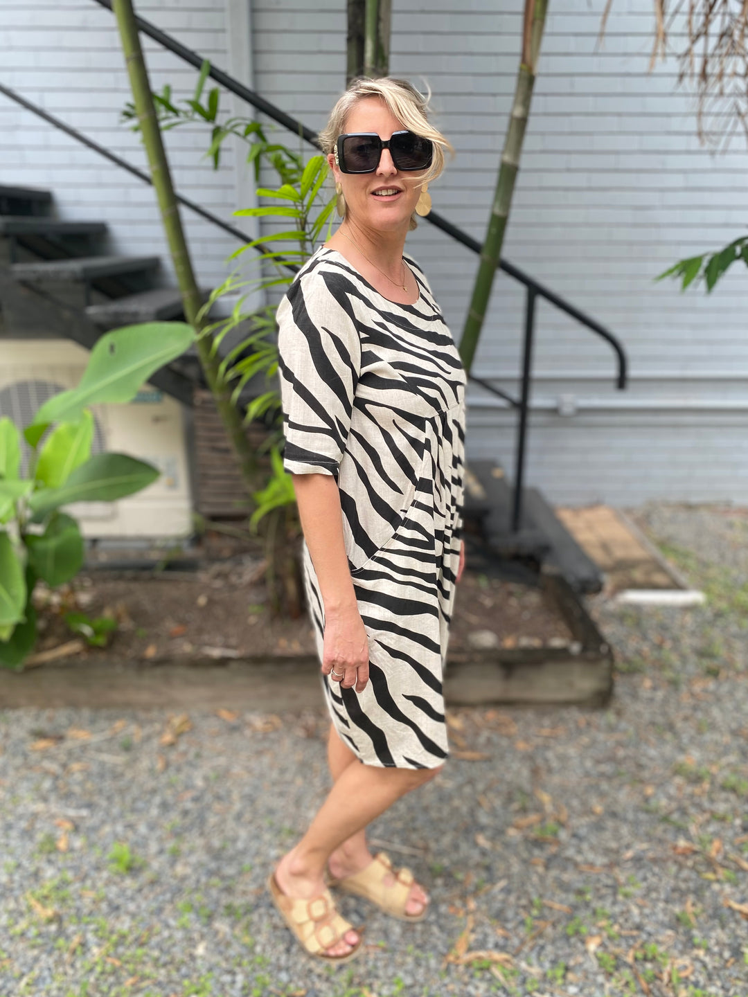 Izzy Zebra Natural Pocket Linen Dress