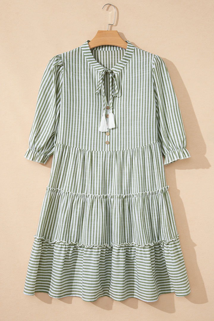 Green Stripe Tasseled Tie Neck Ruffled Short Sleeve Tiered Flattering Dress - Lulubelles Clothing and Accessories