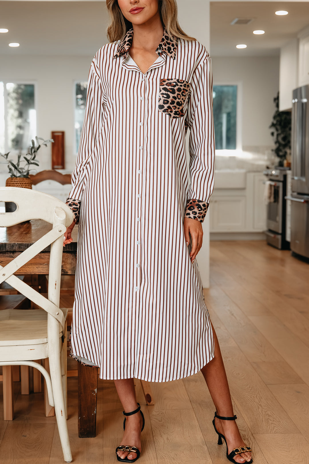 Brown Stripe Contrast Leopard Patchwork Long Shirt Dress with Slits - Lulubelles Clothing and Accessories