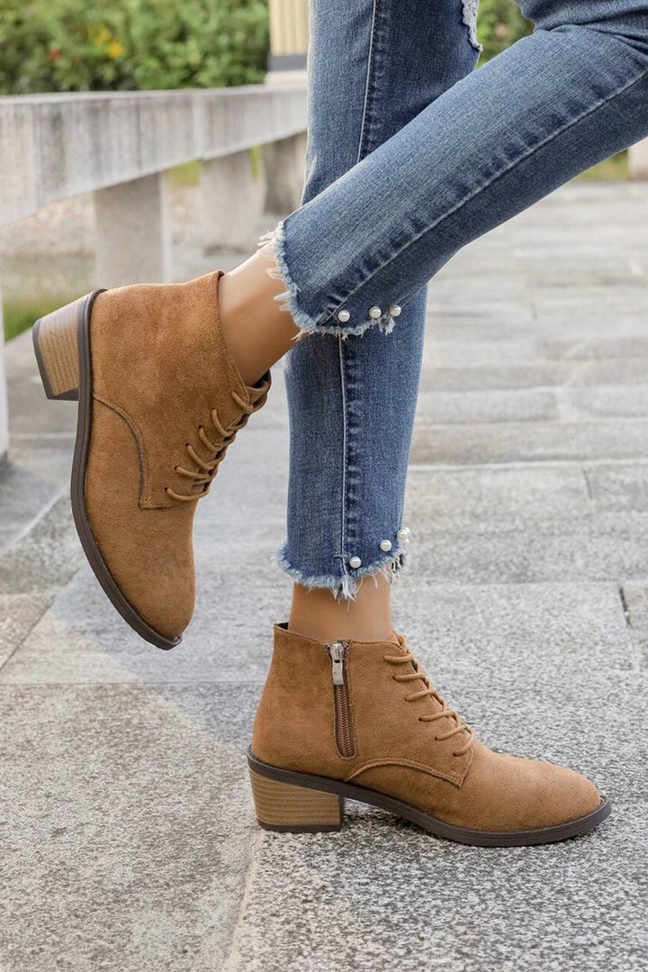 Chestnut Suede Zip Side Lace Up Ankle Boots
