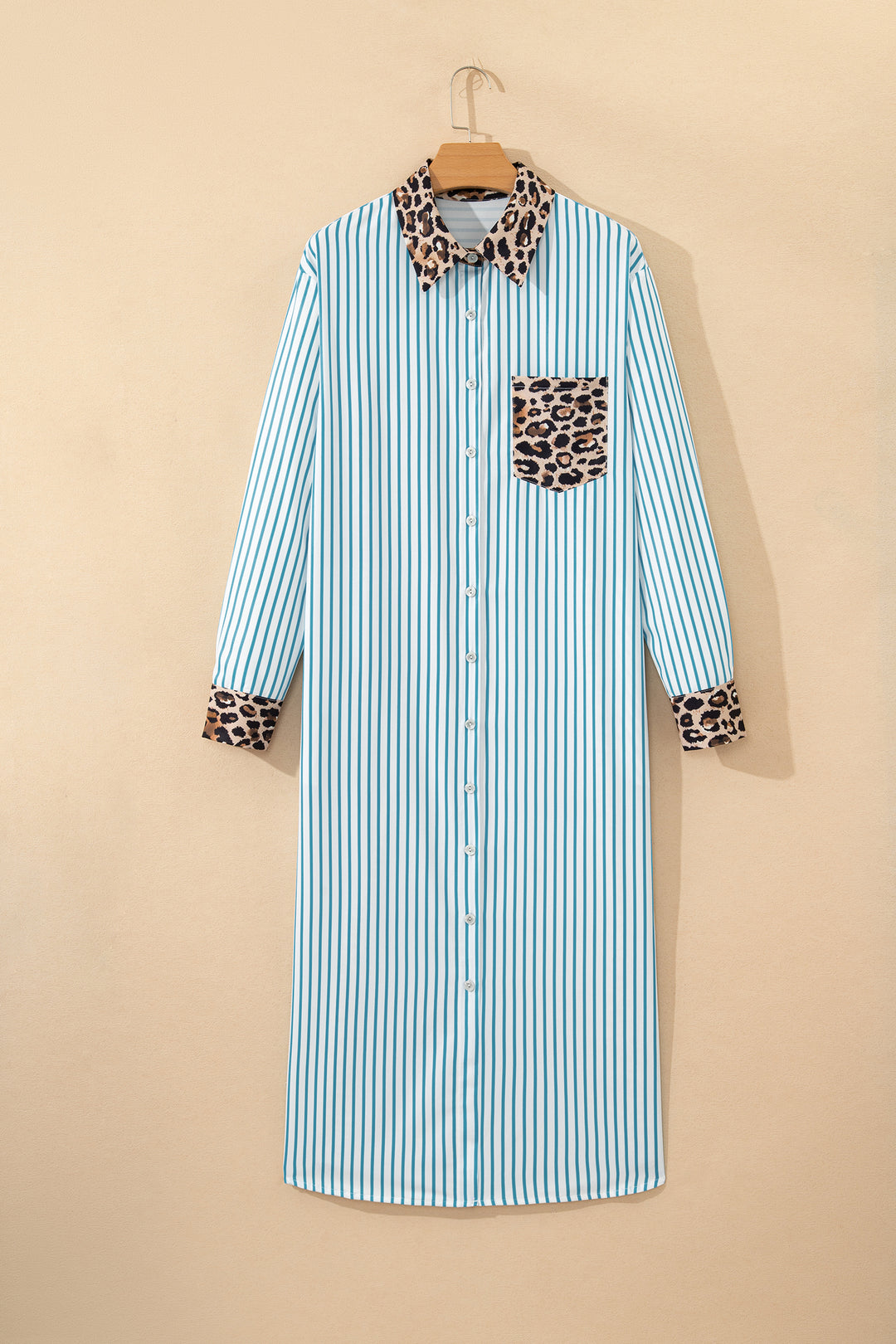 Sky Blue Stripe Contrast Leopard Patchwork Long Shirt Dress with Slits - Lulubelles Clothing and Accessories