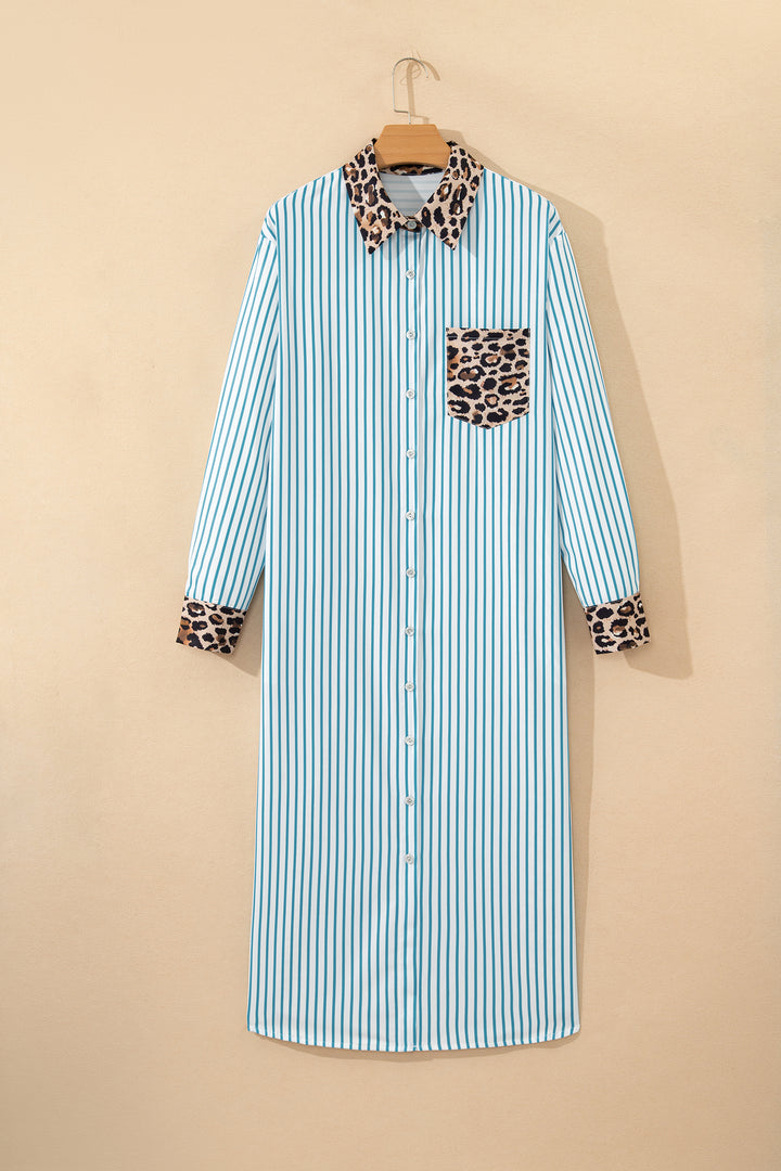 Sky Blue Stripe Contrast Leopard Patchwork Long Shirt Dress with Slits - Lulubelles Clothing and Accessories