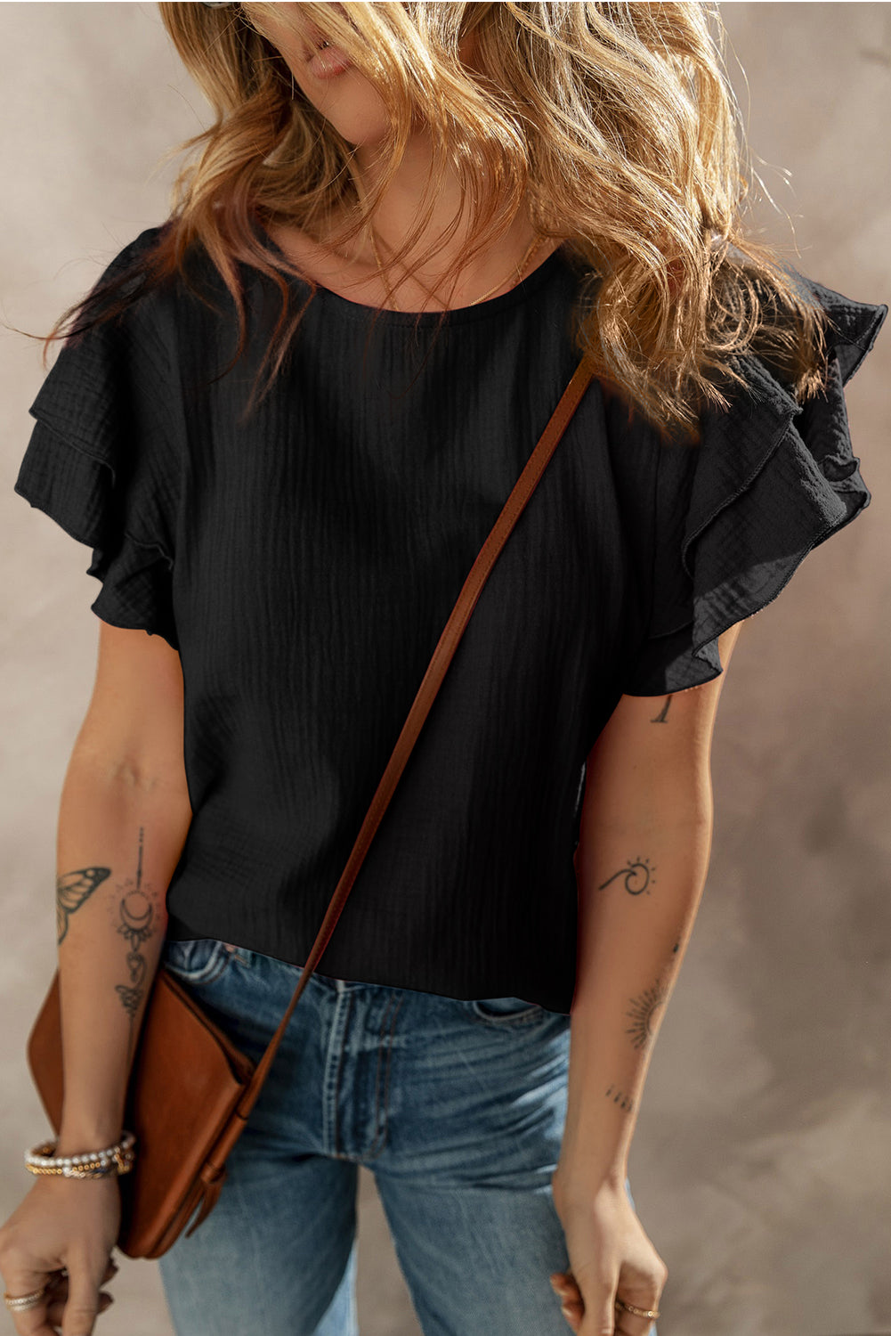 Black Crinkled Cotton Gauze Ruffle Sleeve Blouse