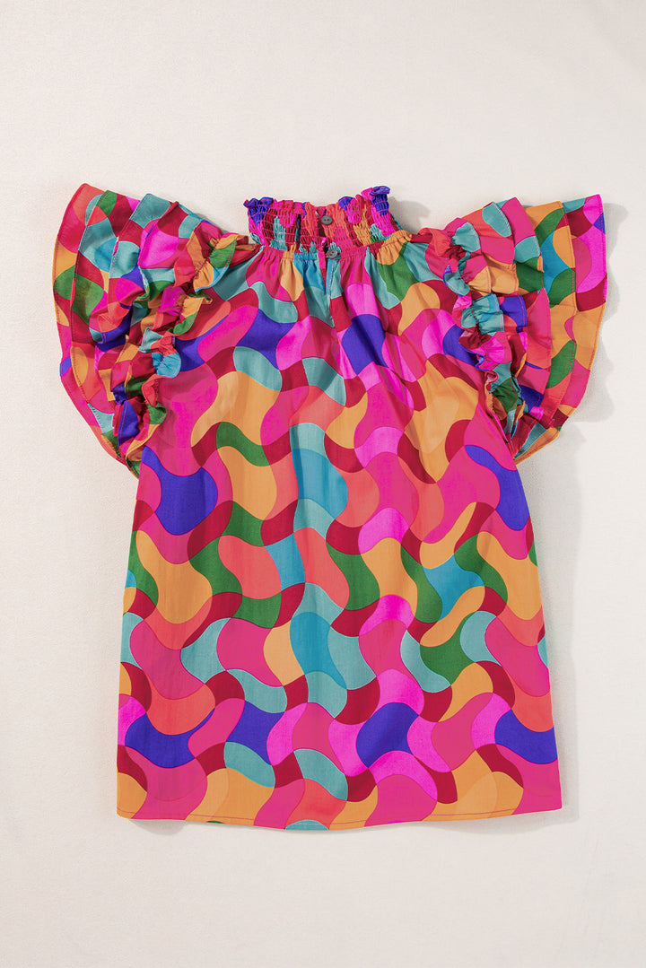 Rose Red Dramatic Ruffle Sleeve Smock Neck Wavy Print Top - Lulubelles Clothing and Accessories