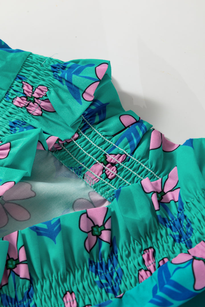 Green Floral Print Frilly Smocked Detail High Waist Mini Dress - Lulubelles Clothing and Accessories