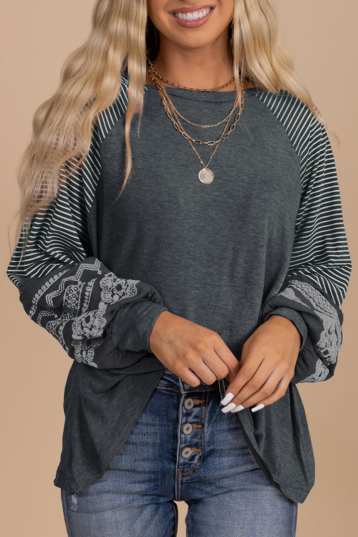 Navy Blue Contrast Print Striped Raglan Long Sleeve Loose Top