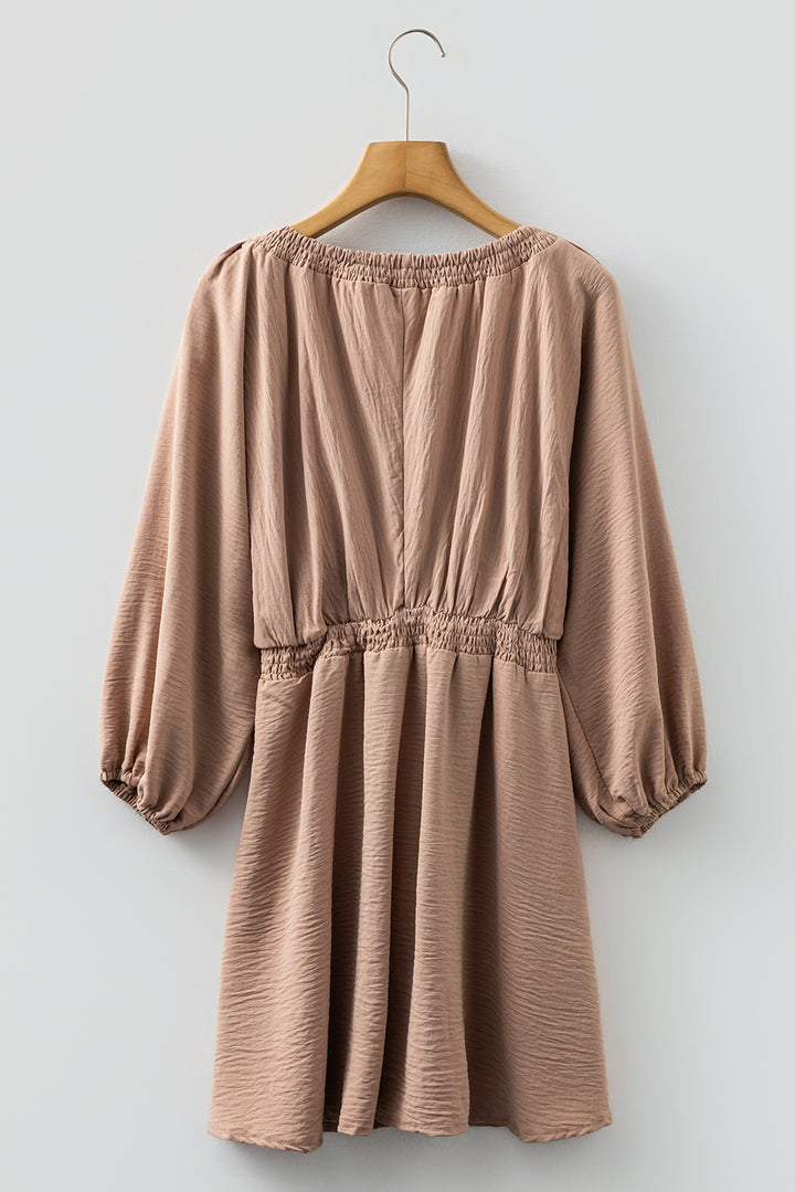 Smoke Gray Deep V Neck Bubble Sleeve Smocked Mini Dress - Lulubelles Clothing and Accessories