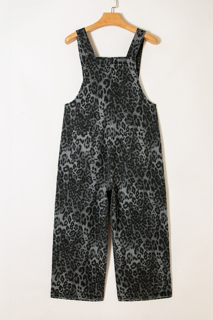 Gray Leopard Print Button Adjustable Straps Cropped Loose Denim Overalls - Lulubelles Clothing and Accessories