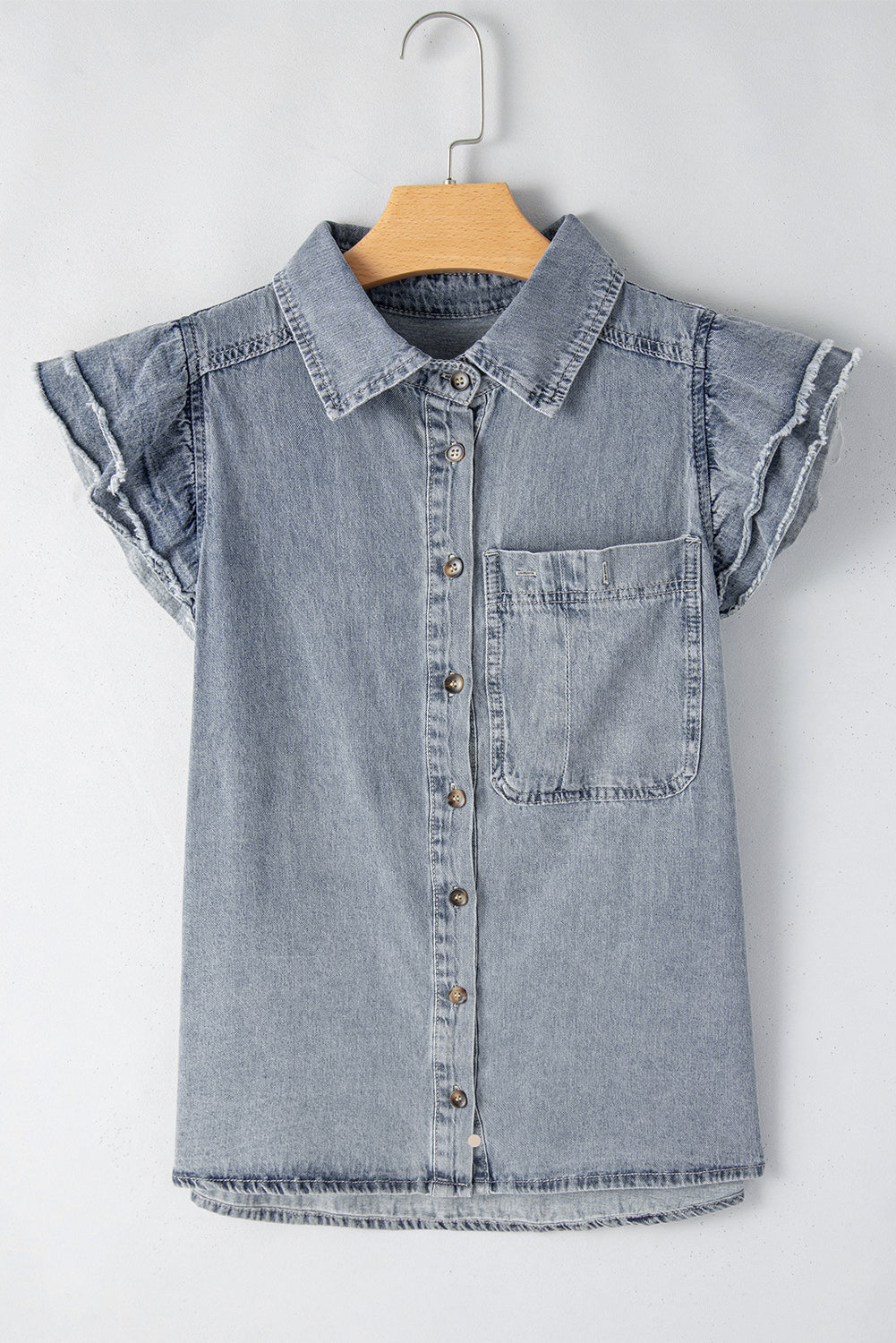 Beau Blue Frayed Layered Ruffle Sleeve Denim Blouse