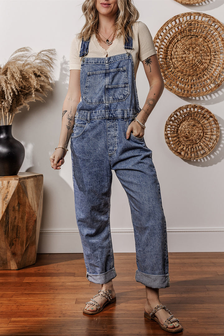 Sail Blue Denim Bib Straight Leg Jumpsuit with Pockets - Lulubelles Clothing and Accessories