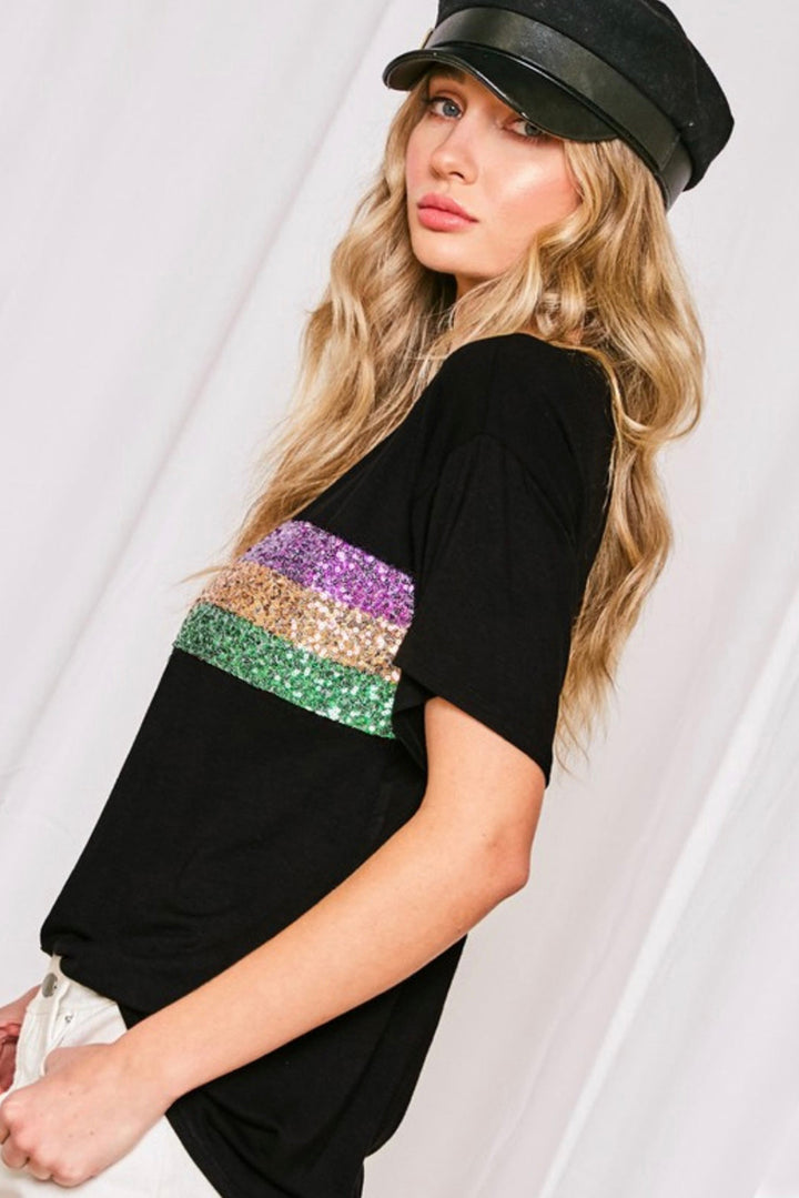 Black Colorblock Sequin Mardi Gras Crewneck T Shirt