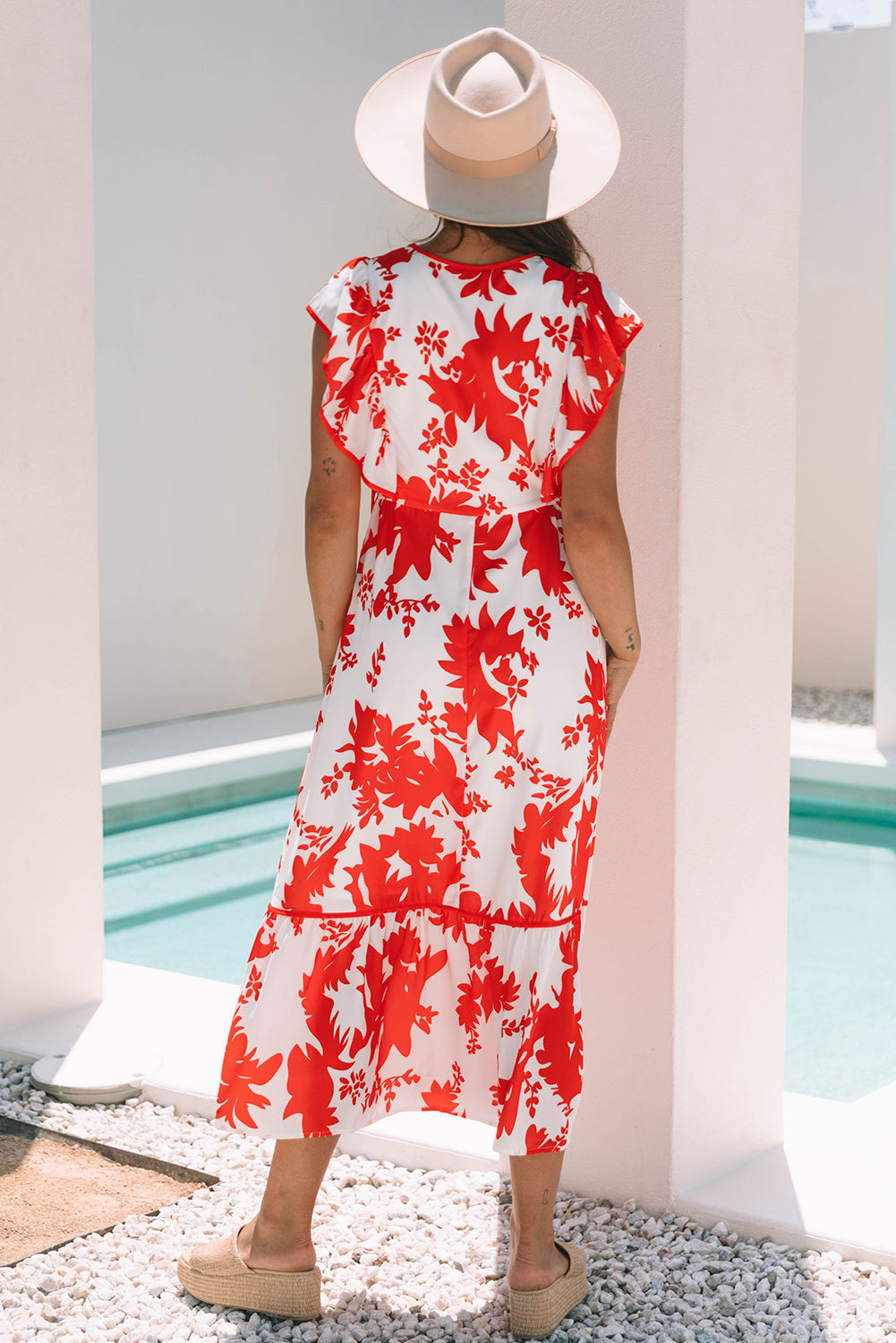 Red Floral Print Trimmed V Neck Ruffle Sleeve Long Dress - Lulubelles Clothing and Accessories