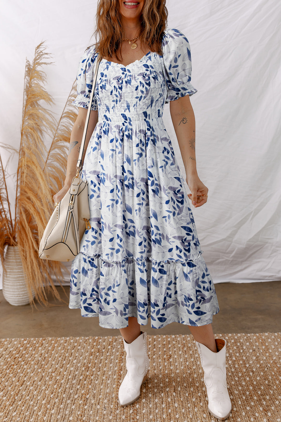 Sky Blue Smocked Bodice Short Puff Sleeve Tiered Floral Midi Dress - Lulubelles Clothing and Accessories