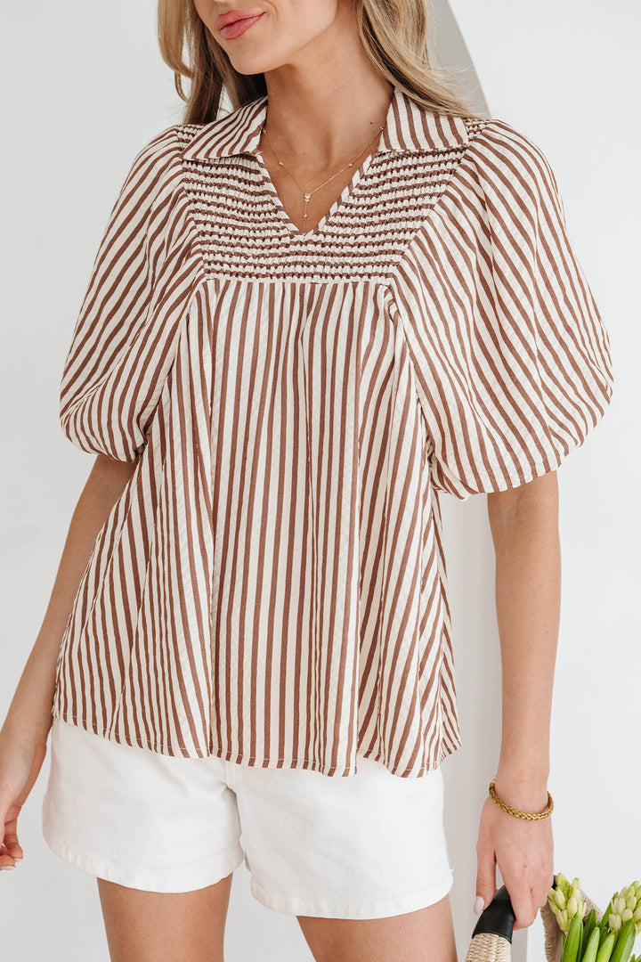 Brown Stripe Shirred V Neck Short Puff Sleeve Blouse - Lulubelles Clothing and Accessories