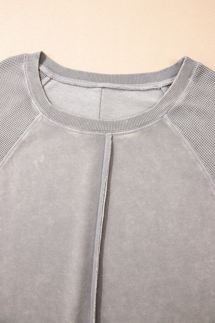 Light Grey Solid Waffle Knit Patchwork Raglan Sleeve Sweatshirt