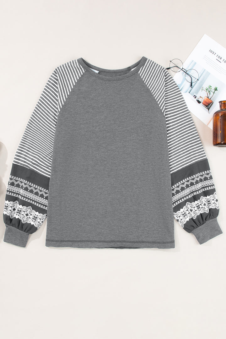 Navy Blue Contrast Print Striped Raglan Long Sleeve Loose Top
