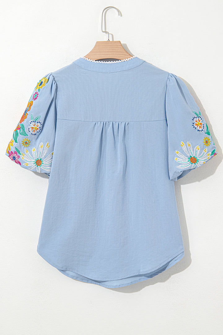 Clearly Aqua Floral Embroidered Puff Sleeve Split Neck Blouse
