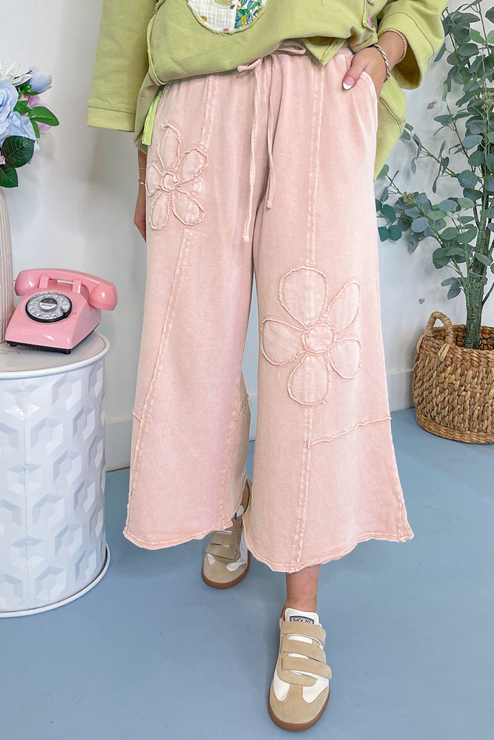 Pink Flower Patch Mineral Washed Cropped Wide Leg Pants - Lulubelles Clothing and Accessories