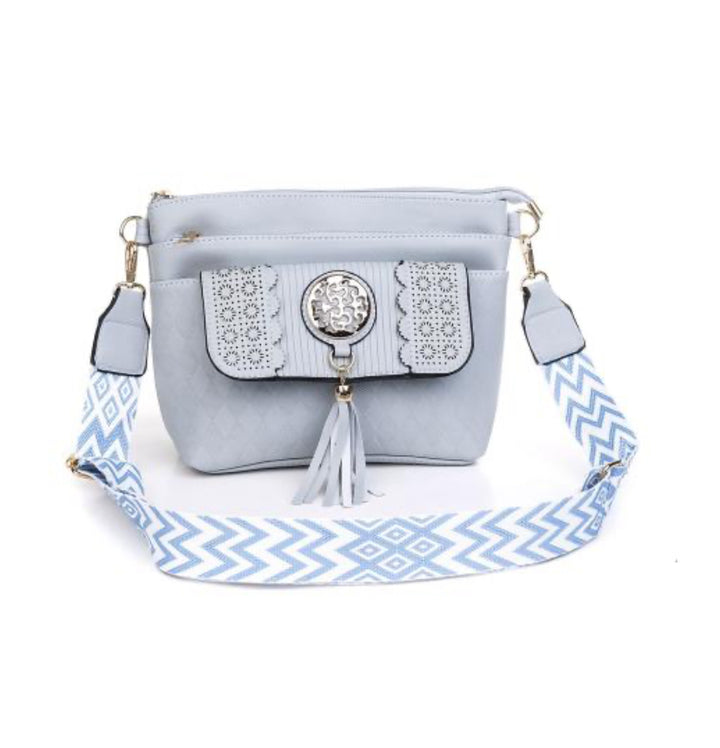 Pale Blue engraved Tassel crossbody bag with strap