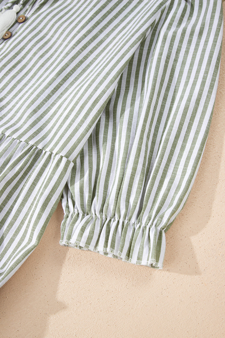 Green Stripe Tasseled Tie Neck Ruffled Short Sleeve Tiered Flattering Dress - Lulubelles Clothing and Accessories