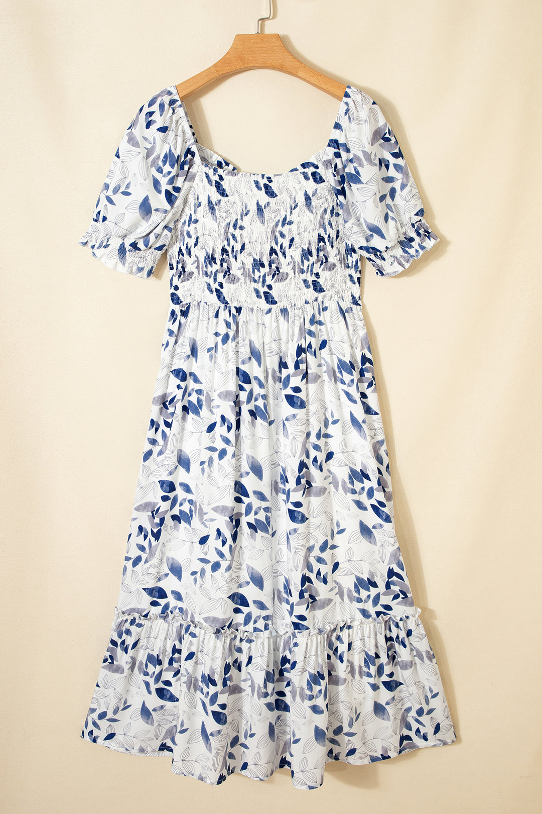 Sky Blue Smocked Bodice Short Puff Sleeve Tiered Floral Midi Dress - Lulubelles Clothing and Accessories