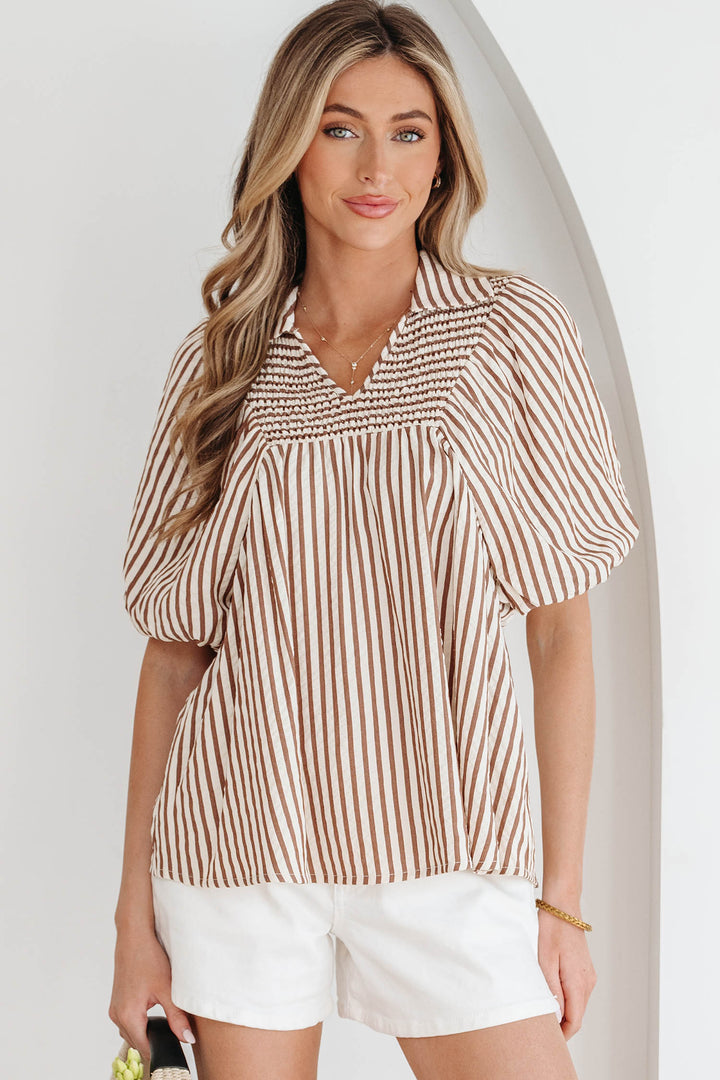 Brown Stripe Shirred V Neck Short Puff Sleeve Blouse - Lulubelles Clothing and Accessories