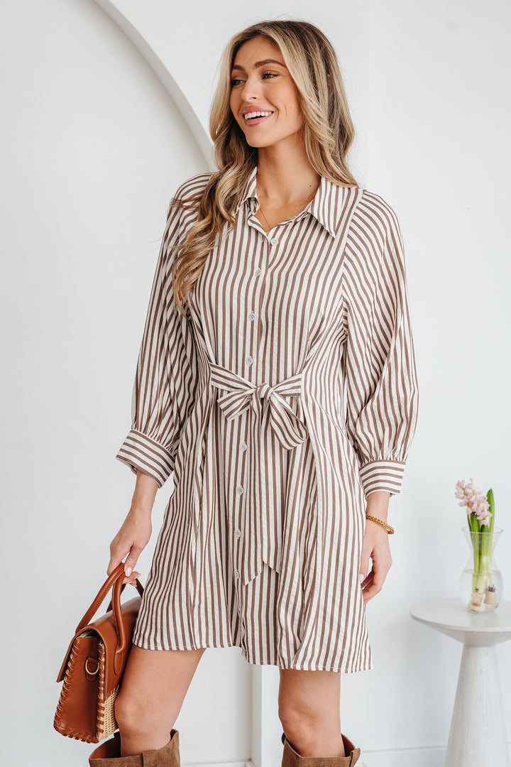 Brown Stripe Knot Waist Puff Sleeve Button Down Mini Shirt Dress - Lulubelles Clothing and Accessories
