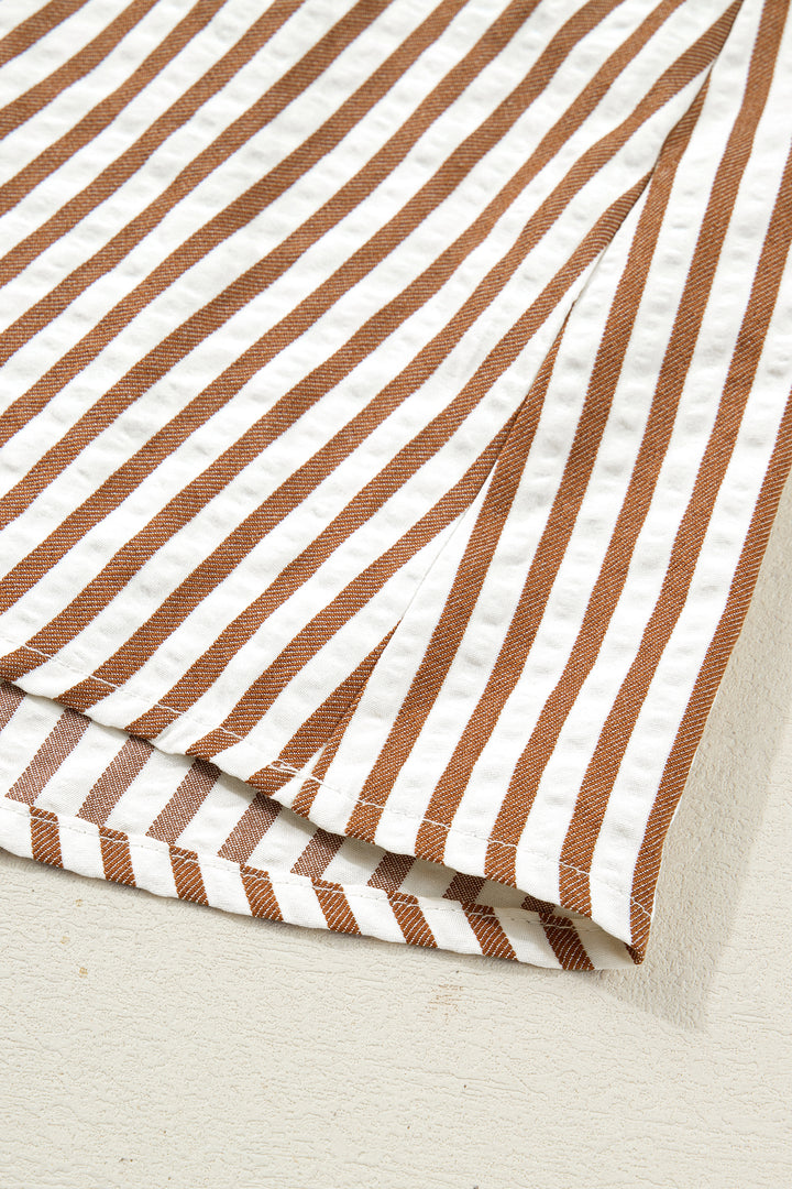 Brown Stripe Shirred V Neck Short Puff Sleeve Blouse - Lulubelles Clothing and Accessories