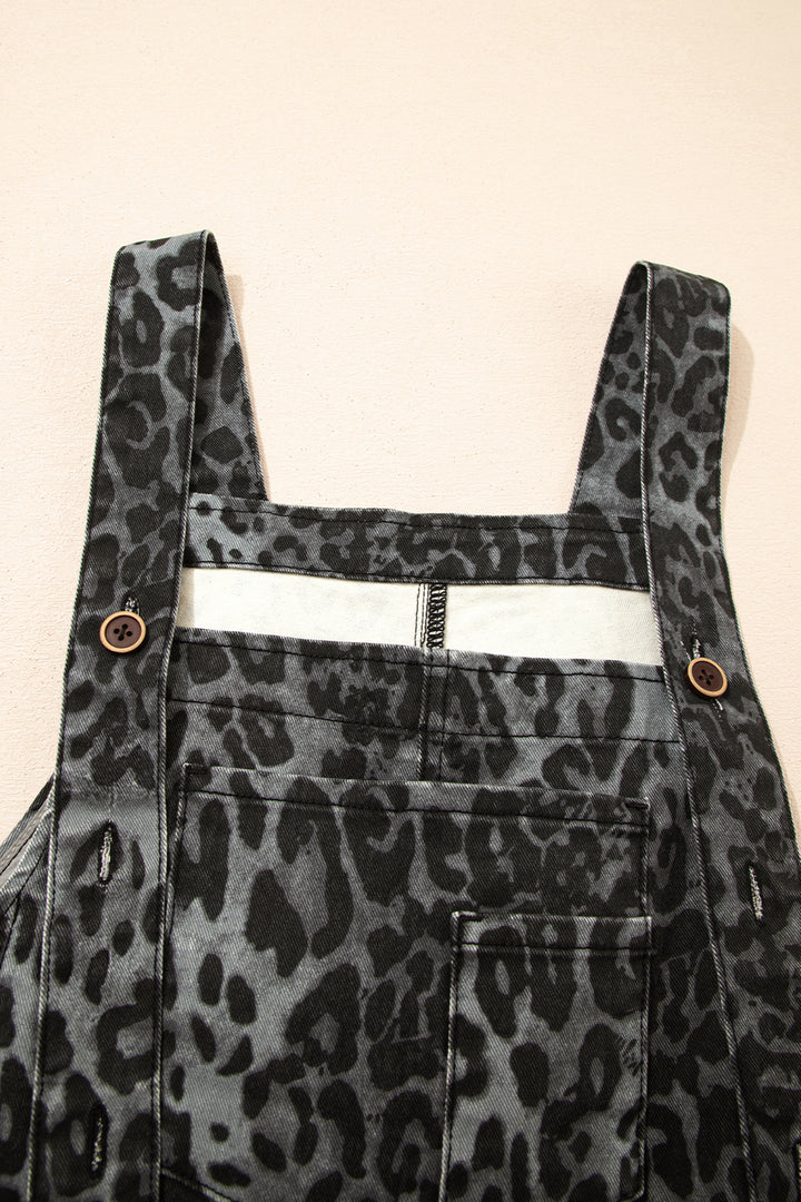 Gray Leopard Print Button Adjustable Straps Cropped Loose Denim Overalls - Lulubelles Clothing and Accessories