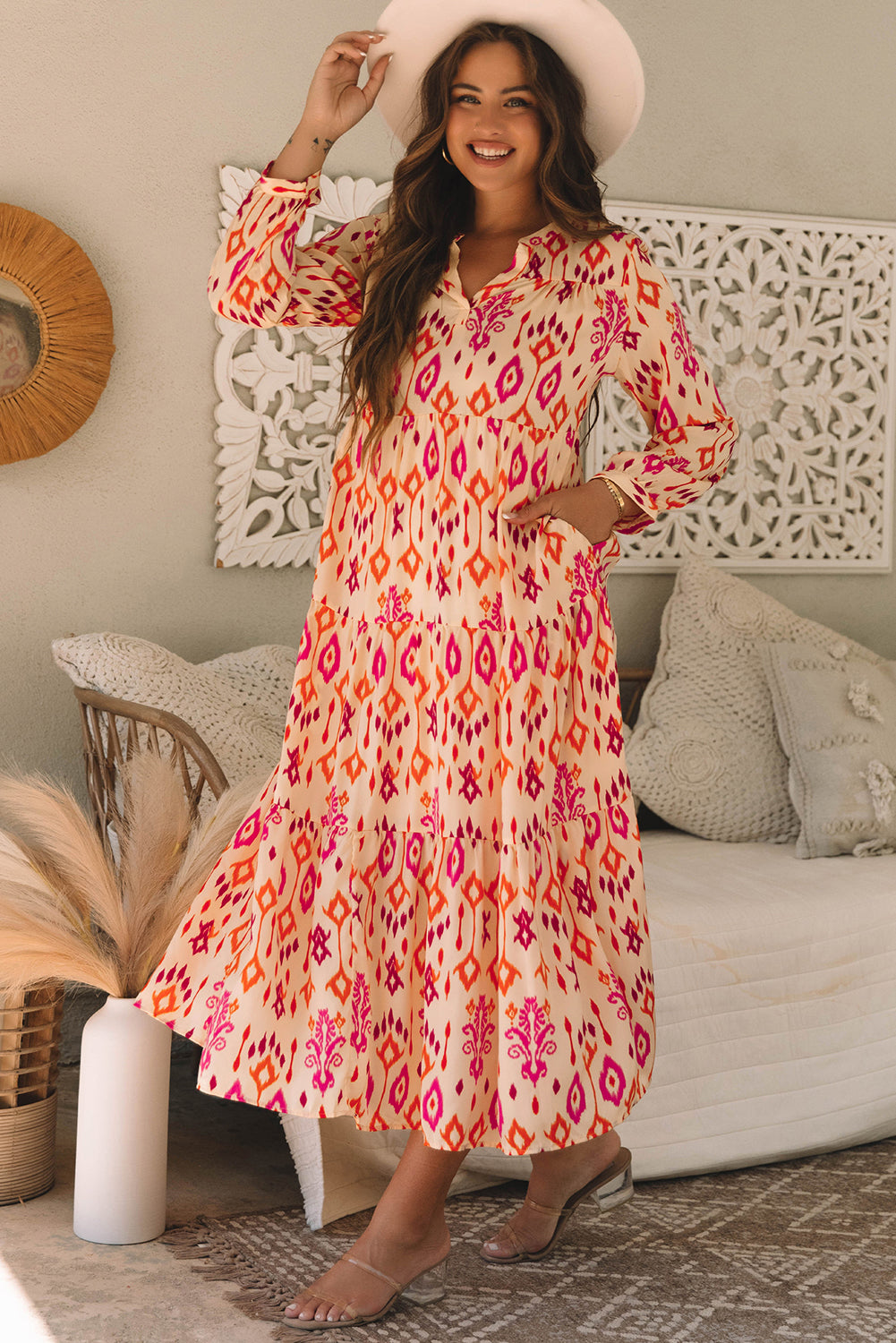 Orange Western Abstract Geometric Printed Maxi Dress - Lulubelles Clothing and Accessories
