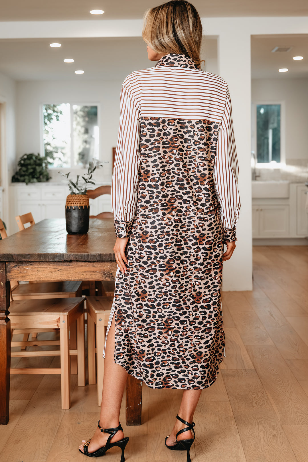 Brown Stripe Contrast Leopard Patchwork Long Shirt Dress with Slits - Lulubelles Clothing and Accessories