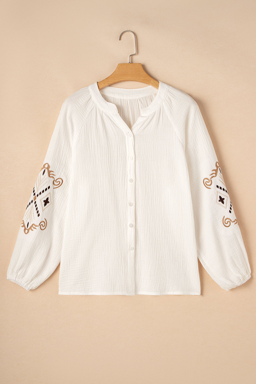 White Embroidered Sleeve Crinkle Boho Shirt