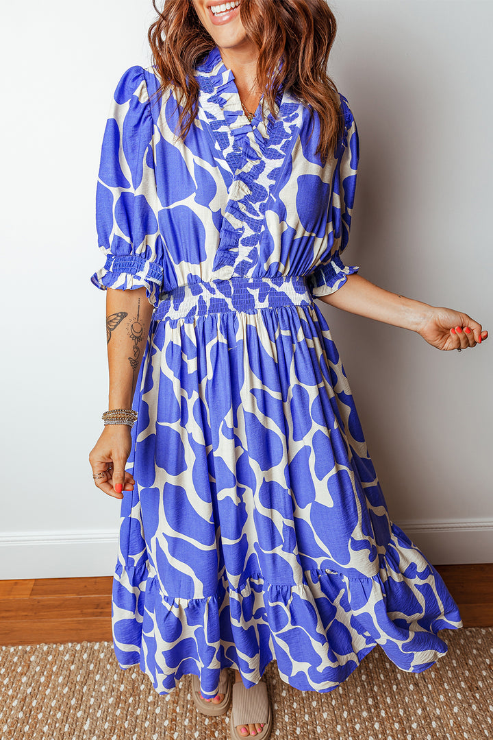 Sky Blue Abstract Print Smocked Waist Puff Half Sleeve Maxi Dress - Lulubelles Clothing and Accessories