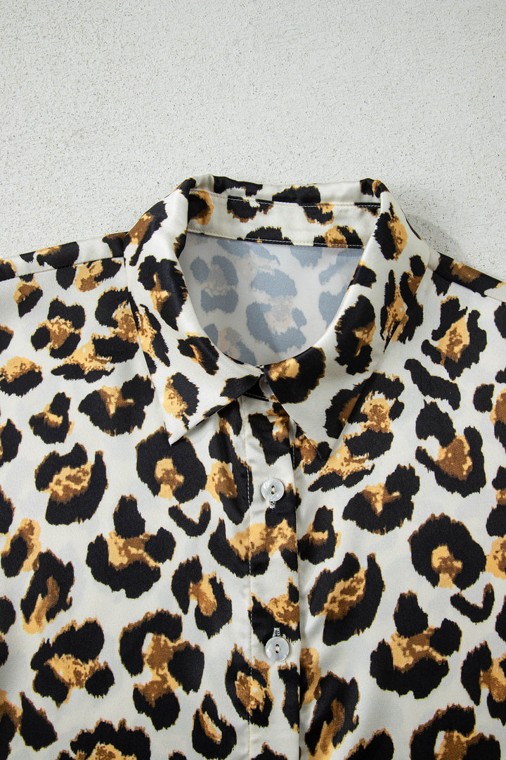 Khaki Leopard Print Ruffle Trim 3/4 Sleeve Loose Shirt - Lulubelles Clothing and Accessories