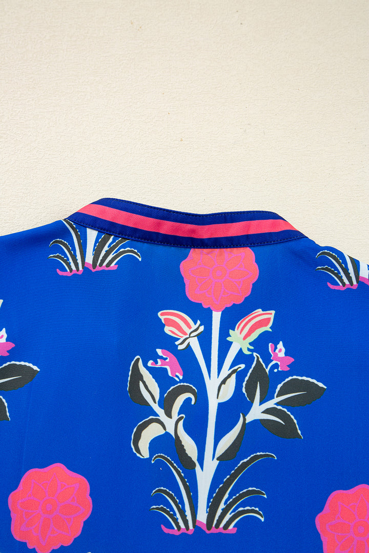 Sky Blue Floral Print Contrast Striped Trim Notched Neck Long Sleeve Dress
