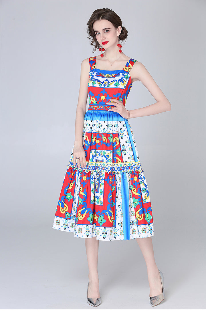 Women Summer Printed Daily Cami A Line Midi Dress