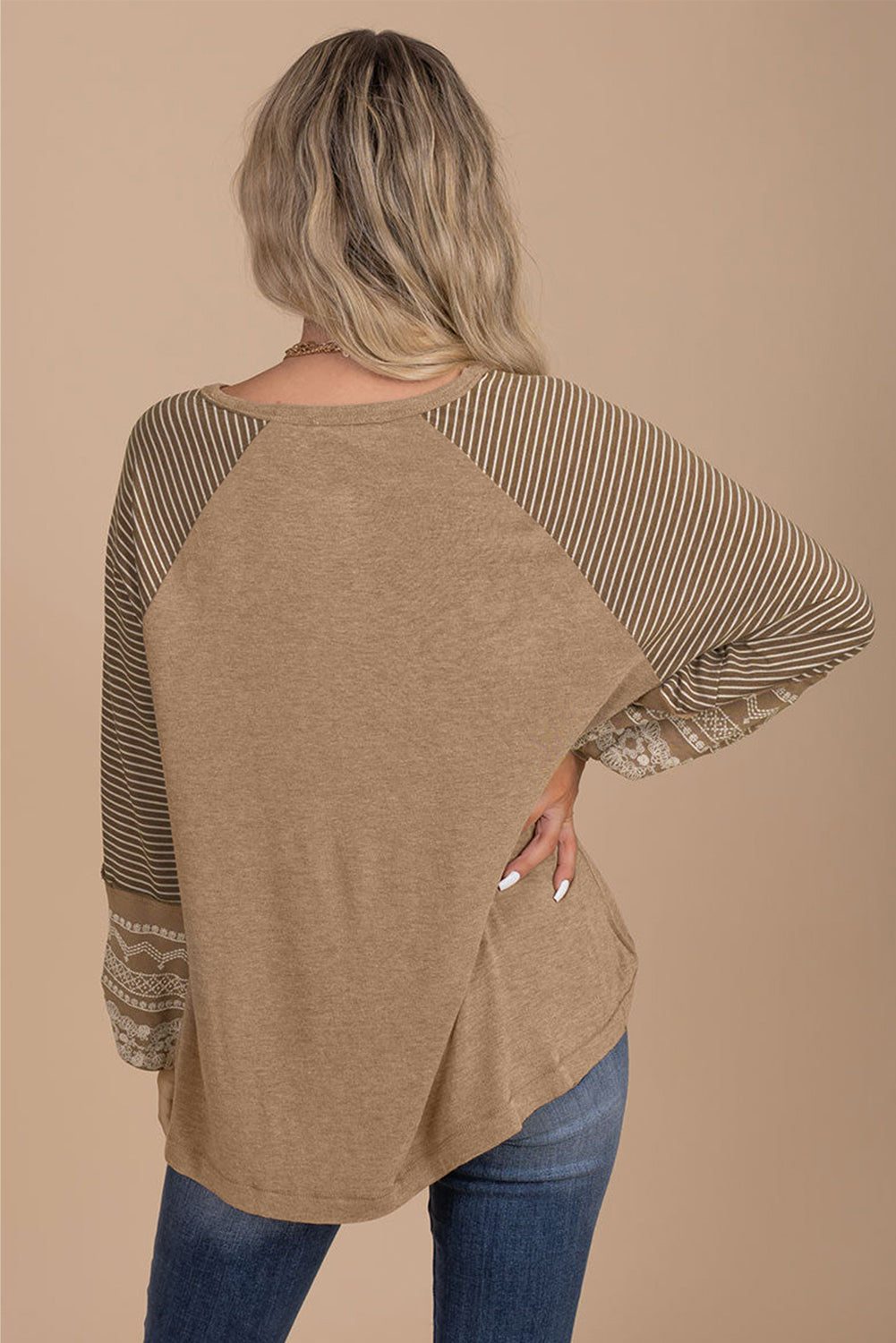 Navy Blue Contrast Print Striped Raglan Long Sleeve Loose Top