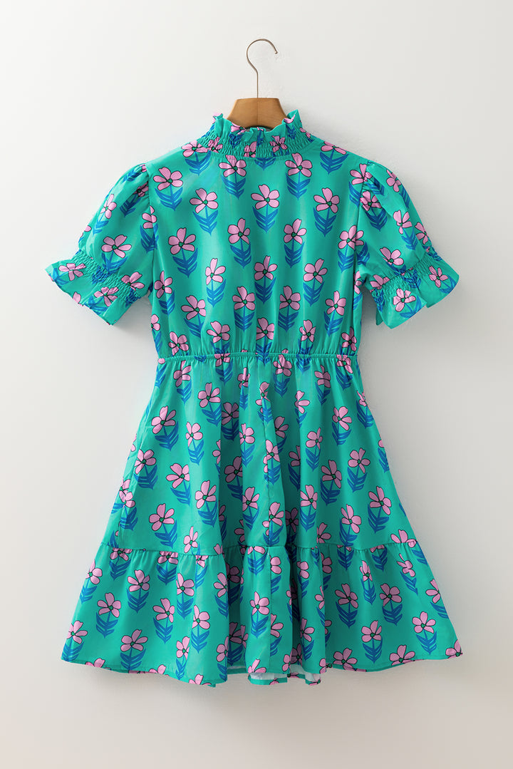 Green Floral Print Frilly Smocked Detail High Waist Mini Dress - Lulubelles Clothing and Accessories